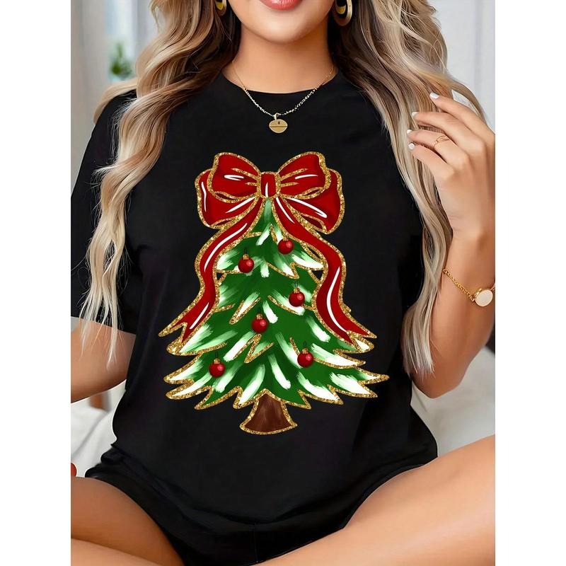Christmas Tree Print Holiday T-Shirt With Red Bow Design For Festive Season Celebration Hoodie, Sweatshirt | PodTeesHub.com