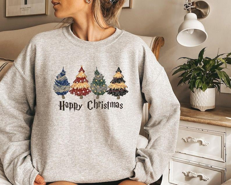 Christmas Tree T-Shirt, HP Wizard Houses Christmas Tree Sweatshirt, Happy Christmas Wizard Trees Sweatshirt, Christmas...
