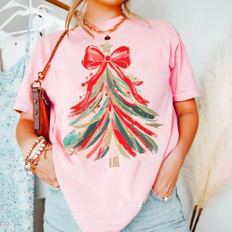 Christmas Tree T-Shirt, Red Bow Christmas Sweatshirt for Women, Christmas Tree Tee Shirt, Christmas Coquette Christmas...