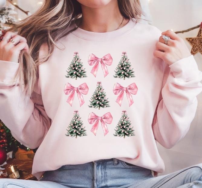 Christmas Trees and Bows Holiday Graphic Crewneck Sweatshirt T-Shirts, Hoodie | PodTeesHub.com