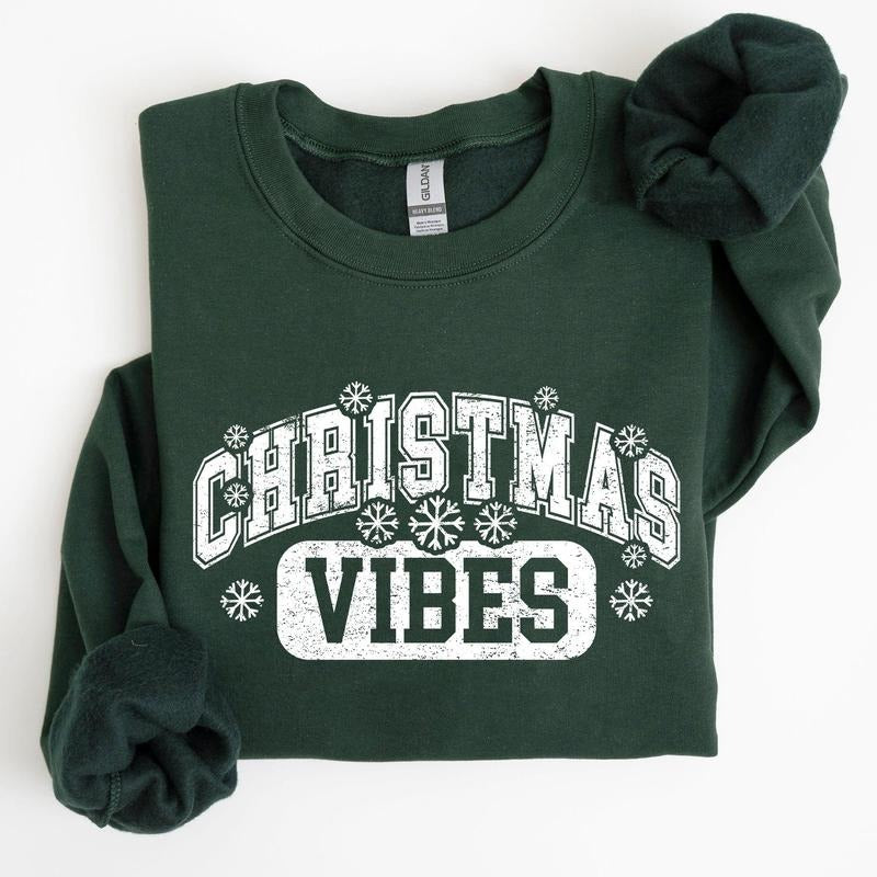 Christmas Vibes, Snowflakes, Retro, Varsity, Santa, Snow, Xmas Sweatshirt, Women's Crew Neck, Crewneck T-Shirts, Hoodie