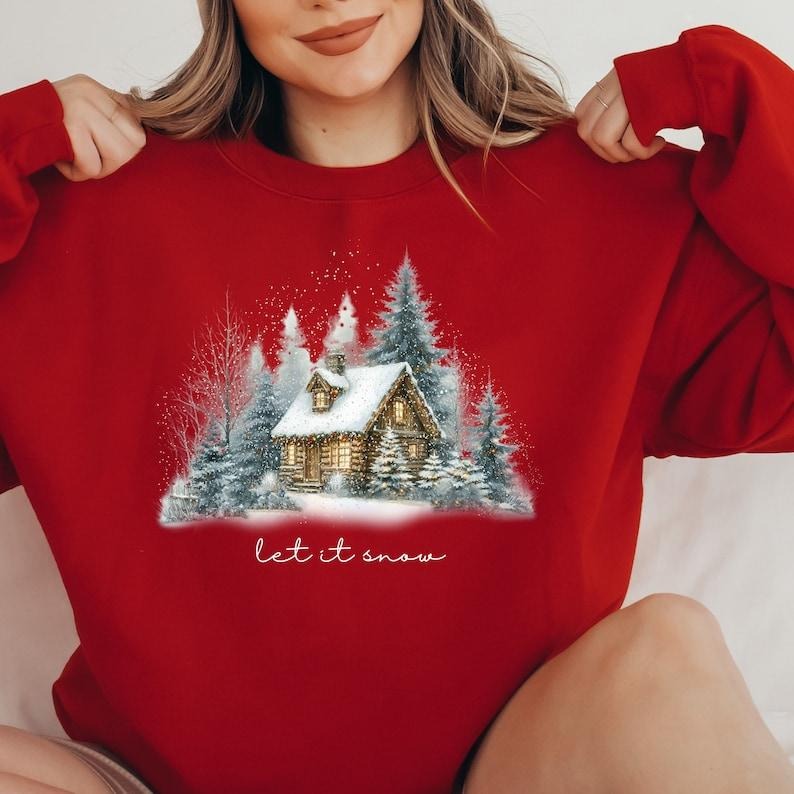 Christmas sweatshirt, Winter cabin Shirt, Christmas, Winter sweater, Let it snow Sweater, Camping Apparel, Cozy Pine Tree...