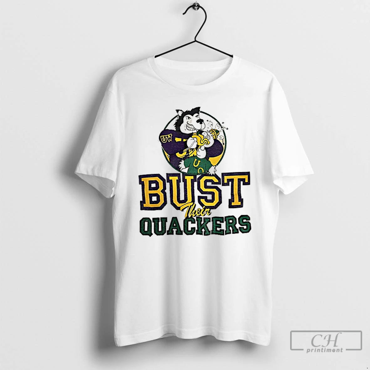 Classic Bust Their Quackers Washington Huskies Beat Oregon Ducks Mascot T-Shirts, Hoodie, Sweatshirt | PodTeesHub.com