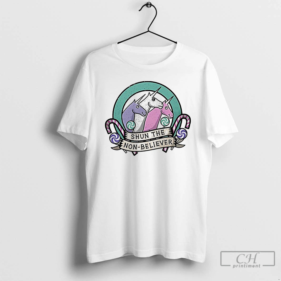 Classic Charlie The Unicorn Shun The Non Believer Candy Cane Cartoon T-Shirts, Hoodie, Sweatshirt | PodTeesHub.com