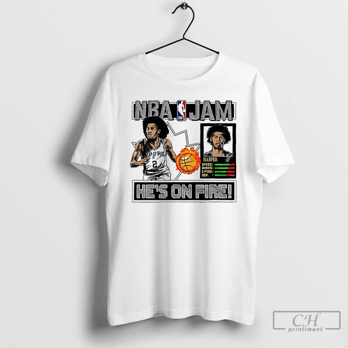 Classic Dylan Harper San Antonio Spurs Nba Jam Hes On Fire Classic Video Game T-Shirts, Hoodie, Sweatshirt | PodTeesHub.com