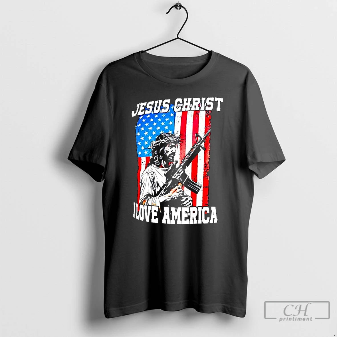 Classic Jesus Christ I Love America Rifle American Flag Graphic T-Shirts, Hoodie, Sweatshirt | PodTeesHub.com