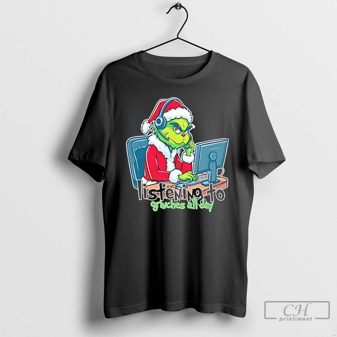 Classic Listening To Grinches All Day Christmas Grinch Telesale T-Shirts, Hoodie, Sweatshirt | PodTeesHub.com