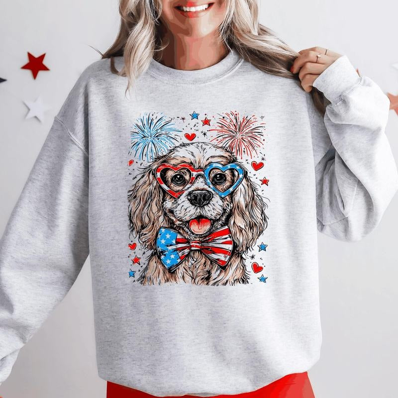 Cocker Spaniel Patriotic Dog, USA, America, Pet Lover, 4th of July Sweatshirt, Crew Neck, Women's, Crewneck T-Shirts, Hoodie
