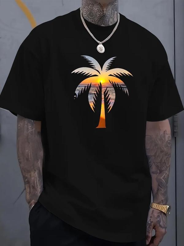 Coconut Tree Sunset Scenic Print Street Style Short Sleeve T-Shirt, Loose Comfortable Casual Wear for Daily and Leisure...