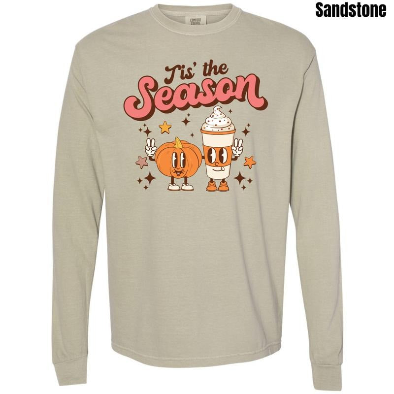 Coffee & Pumpkin Tis The Season Comfort Colors Long Sleeve T-Shirt 'NLB' Hoodie, Sweatshirt | PodTeesHub.com
