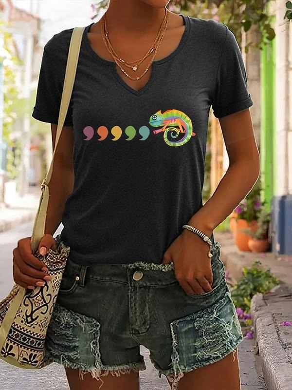 Color Changing Chameleon Print T-Shirt, Trendy Fitted Women's V-Neck Summer Casual Top, Stylish Short Sleeve Clothing...