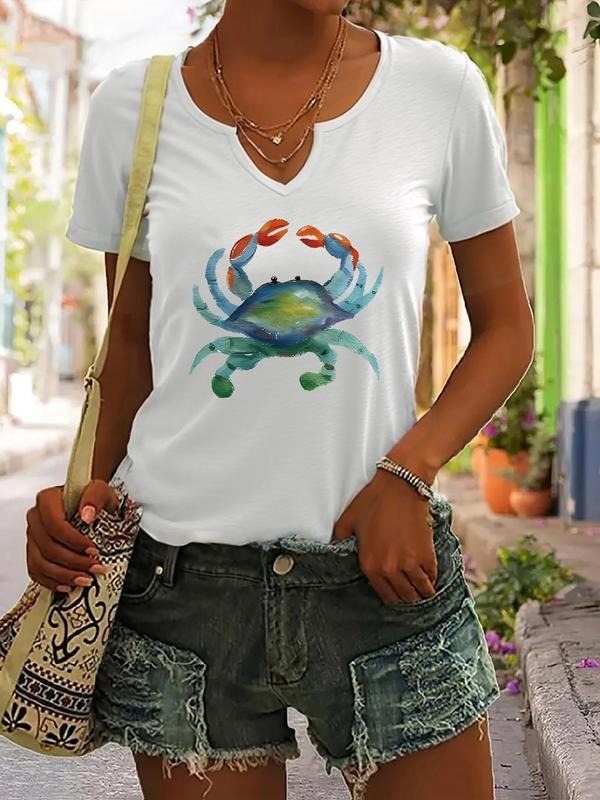 Colorful Crab Graphic Print T-Shirt, Trendy Casual V Neck Short Sleeve Summer Top, Fitted Women's Fashion Apparel Hoodie,...