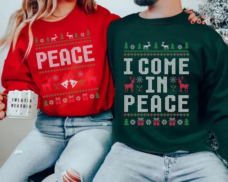 Come in Peace Matching Christmas Sweatshirt, Funny Ugly Christmas Sweater for Couples, Holiday Hoodie Gift for Him and...