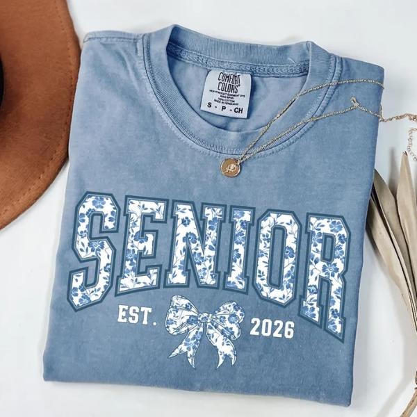 Comfort Color Floral Gift Class of 2026 Senior Shirt, Blue Bow 2026 Senior Coquette T-Shirt Hoodie, Sweatshirt