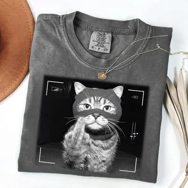 Comfort Color Midnight Bandit Cat Tee, Funny Cat Meme Shirt, Caught On Cam Tee Hoodie, Sweatshirt | PodTeesHub.com