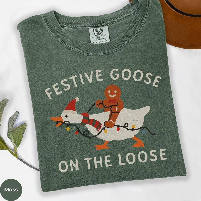 Comfort Color Shirt, Festive Goose On The Loose Funny Christmas Shirt: Comfort Colors Gingerbread Holiday Tee Hoodie,...