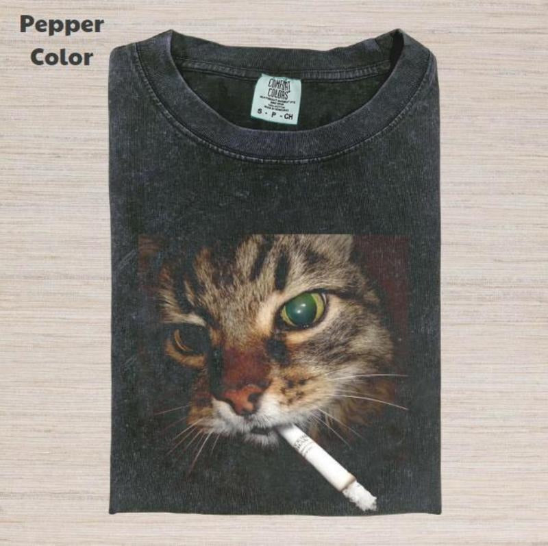 Comfort Colors - Retro Funny Vintage Graphic Tee, Cat Smoking T-Shirt, Animal Shirt, Unisex Meme Cringe Funny Dumb Shirt,...