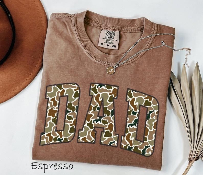 Comfort Colors Camouflage Dad Shirt, Fathers Day Gift, Dad Shirt, Retro Daddy Shirt, Gift For Dad, Varsity Dad Shirt,...