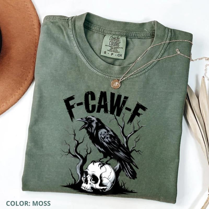Comfort Colors F-Caw-F Shirt, Funny Raven Shirt, Retro Crow Shirt, Halloween TShirt, Fall Shirt, Women's Print Short...