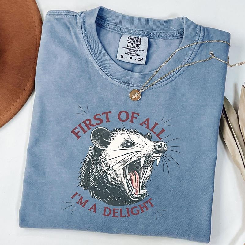 Comfort Colors First of All I'm a Delight Sarcastic Shirt, Funny Opossum T-Shirt, Angry Possum Tee, Vintage Shirt, Unisex...