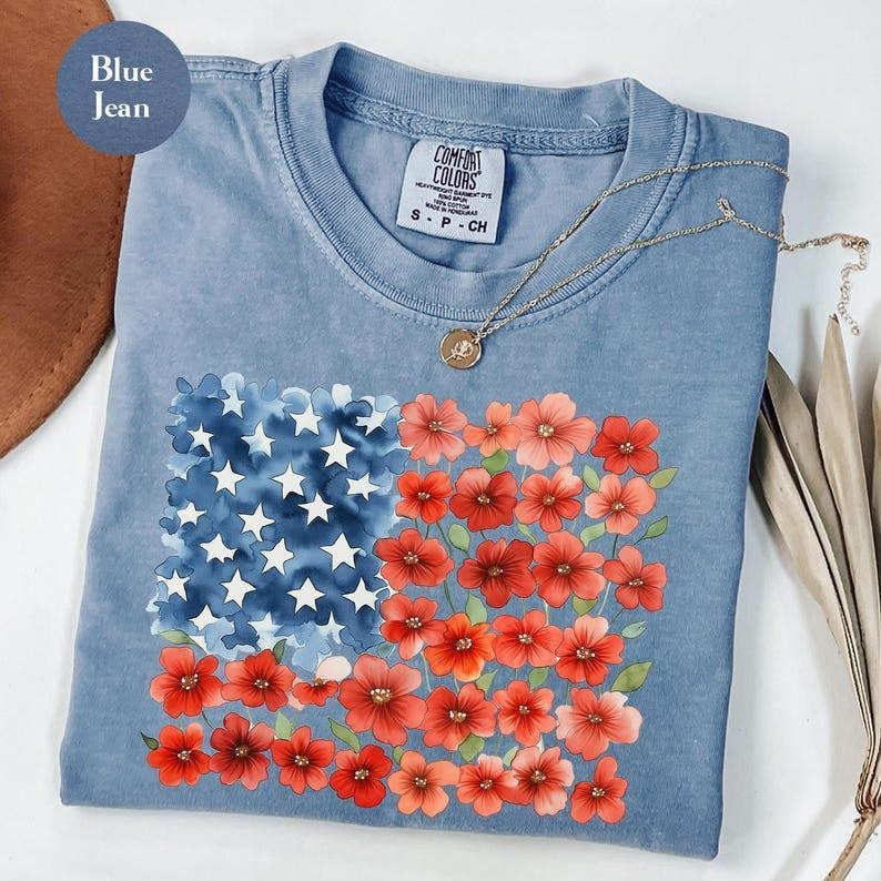 Comfort Colors Floral American Flag Shirt, 4th of July Shirt, Patriotic Shirt, Independence Day Shirt, Floral American...