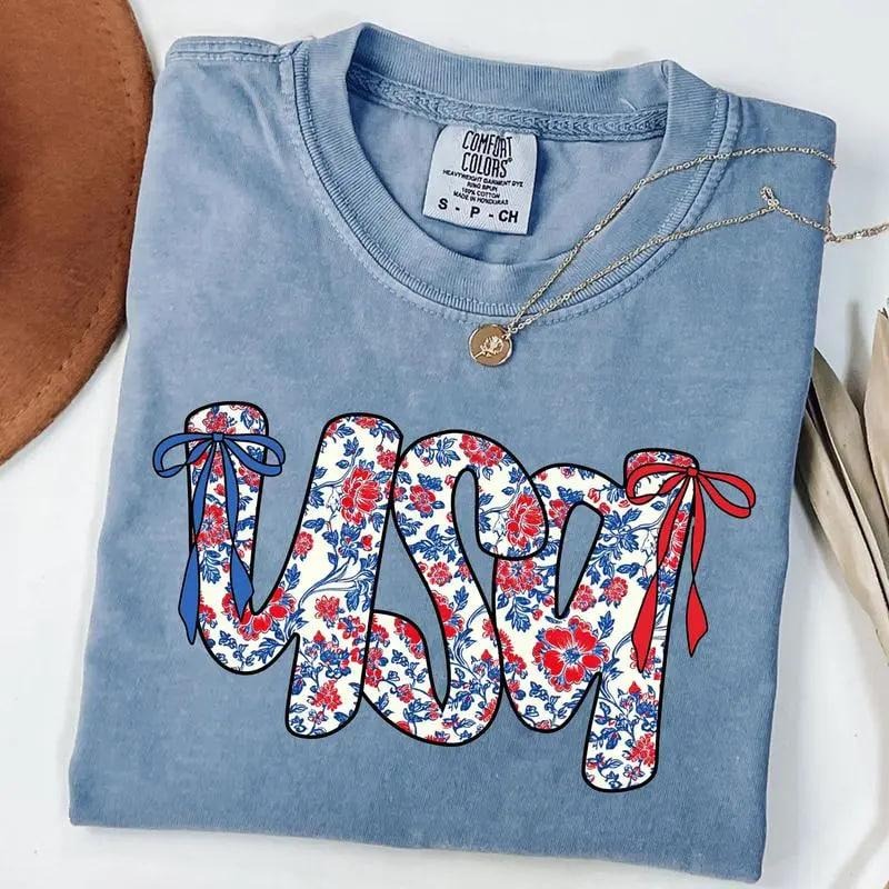Comfort Colors Floral Coquette USA Shirt, Retro America T-Shirt, 4th Of July Gift, Patriotic Tee, Coquette Bow Shirt...