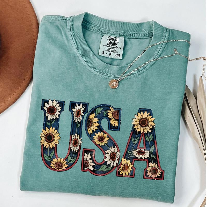 Comfort Colors Floral USA Shirt, Vintage 4th Of July T-Shirt, Patriotic American Girl Tee Hoodie, Sweatshirt | PodTeesHub.com