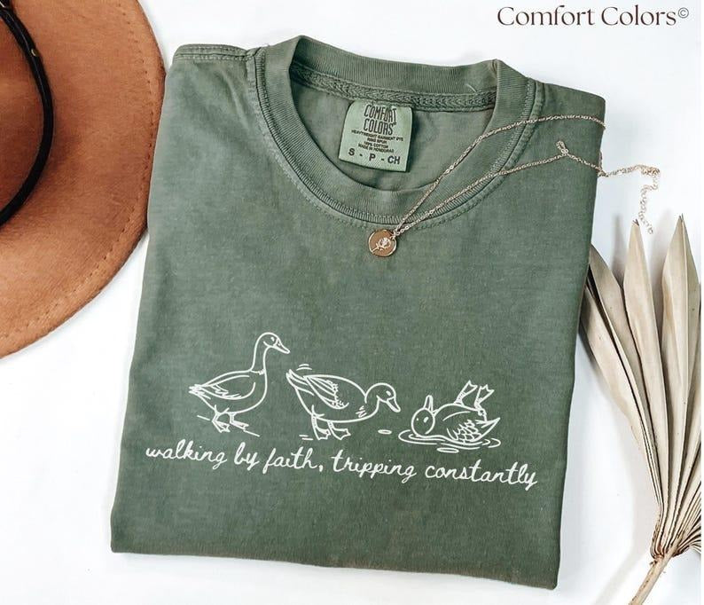 Comfort Colors Funny Christian T-Shirt, Walking by Faith Tee, Christian Humor Shirt, Christian Goose Shirt, Religious...
