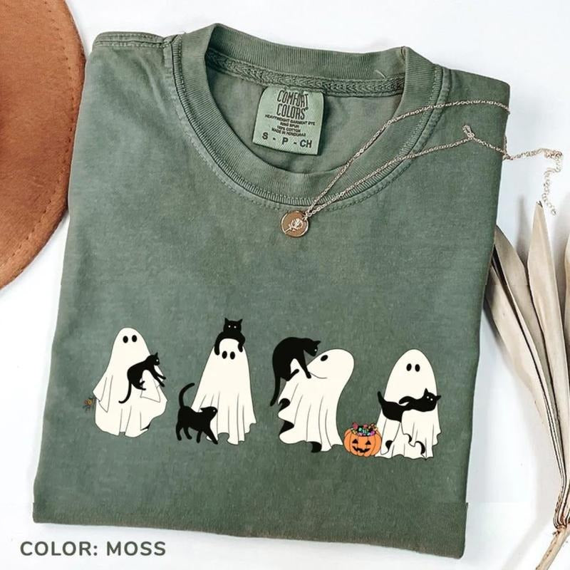 Comfort Colors Ghost And Cat T-Shirt, Halloween Ghost T-Shirt, Halloween Cat TShirt, Cat Lower Halloween Gift, Spooky...