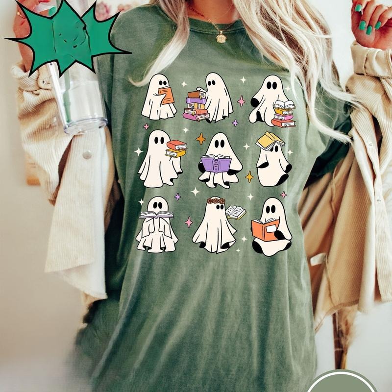 Comfort Colors Ghost Reading Books Shirt, Bookish Halloween Shirt, Teacher Librarian Gift, Halloween Book Lover,...