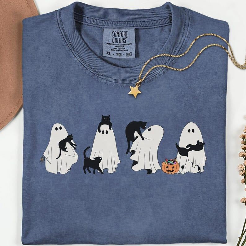 Comfort Colors Halloween Black Cat & Ghost Shirt, Spooky Season Cat Tee, Halloween Cute Women Outfit style 02 Hoodie,...