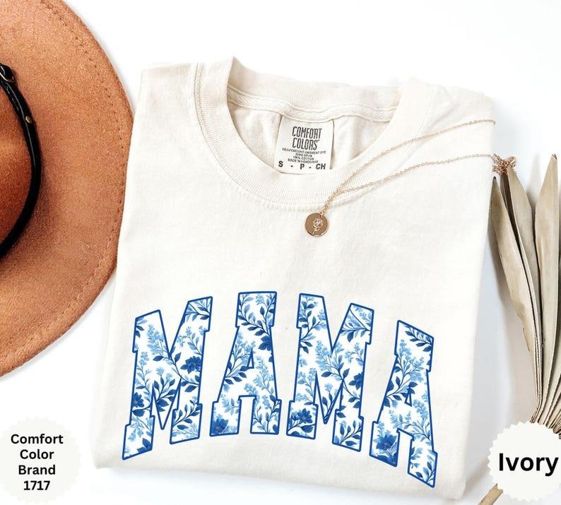 Comfort Colors Mama Shirt, Blue mama Shirt, Mothers Day Gift, Aesthetic Mom Gift, Cute Mom Shirt, Blue Floral mama Shirt,...