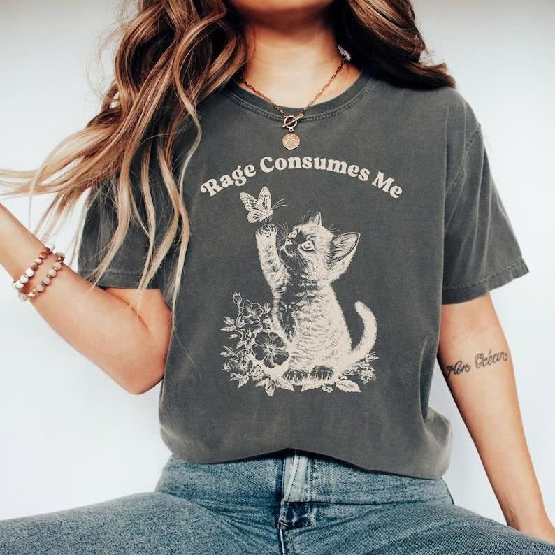 Comfort Colors Rage Consumes Me Shirt, Cute Cat Meme T-Shirt, Funny Sarcastic Kitten Tee, Cottagecore Mental Health T...