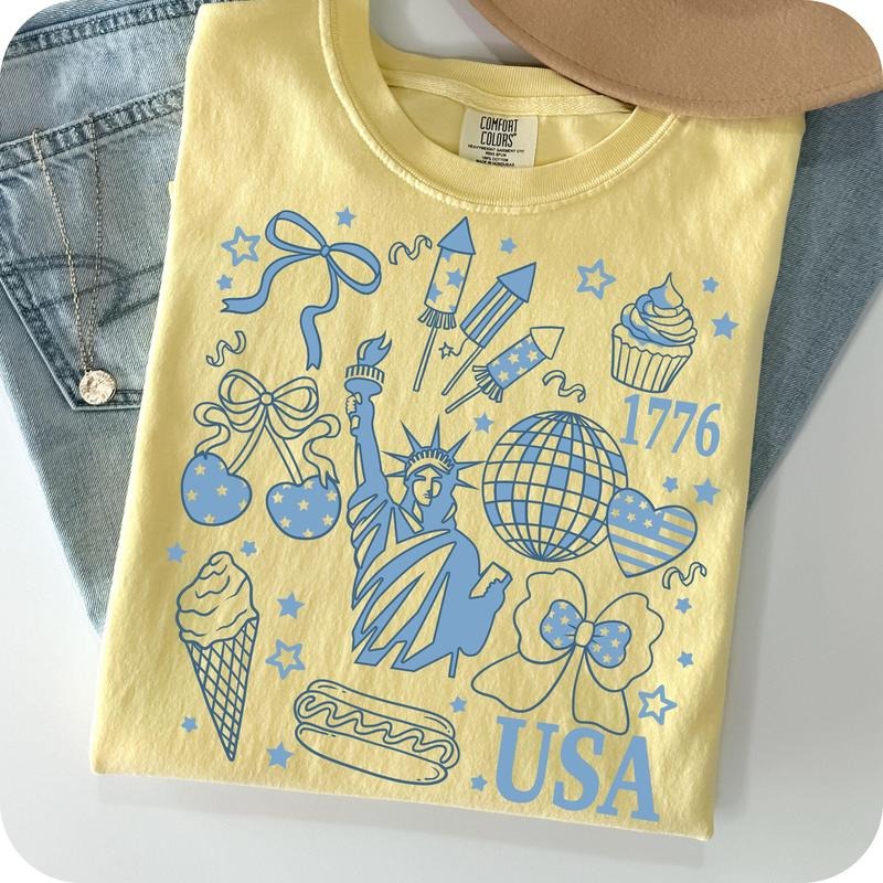 Comfort Colors Retro America Coquette T-Shirt, Preppy 4th of July T-Shirt, Girly Memorial Day Shirt, Vintage USA T-Shirt,...