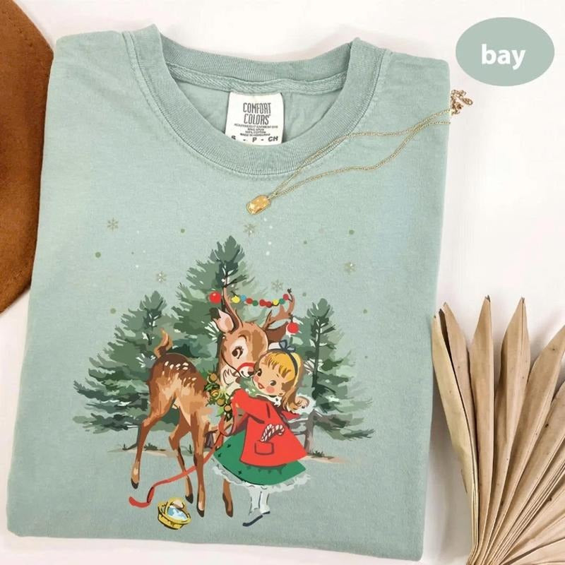 Comfort Colors Retro Christmas Girl and Reindeer Shirt, Vintage Christmas Girl and Reindeer Shirt,Christmas Tree Shirt,...