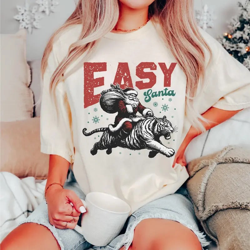 Comfort Colors Retro Easy Santa Christmas Shirt, Vintage Christmas T-shirt, Women's Christmas Gift, Funny Holiday Shirt,...