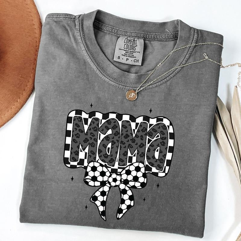 Comfort Colors Retro Soccer Mama Shirt, Soccer Coquette Shirt, Game Day Soccer Bow T-shirt, Checkered Mama Tee, Unisex...