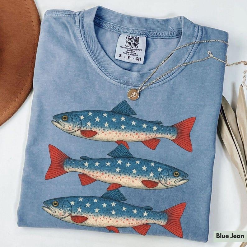 Comfort Colors Trout Fish Shirt, Vintage Fish Shirt, 4th of July Shirt, Retro Fish Shirt, Fishing Shirt, 4th of July Bass...