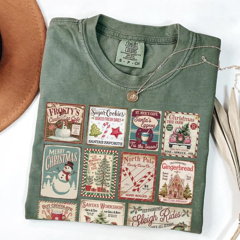 Comfort Colors Vintage Christmas T-Shirt, Womens Christmas Vibes Shirt, Christmas Stamps TShirt, Retro Holiday Party Tee...
