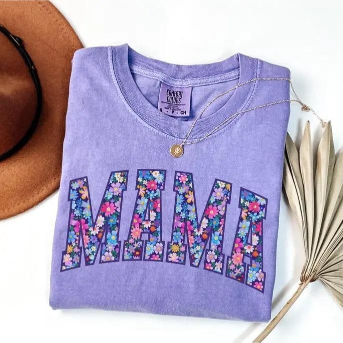 Comfort Colors mama tee with floral design, trendy spring mom shirt, perfect for pregnancy reveal, new moms, and stylish...
