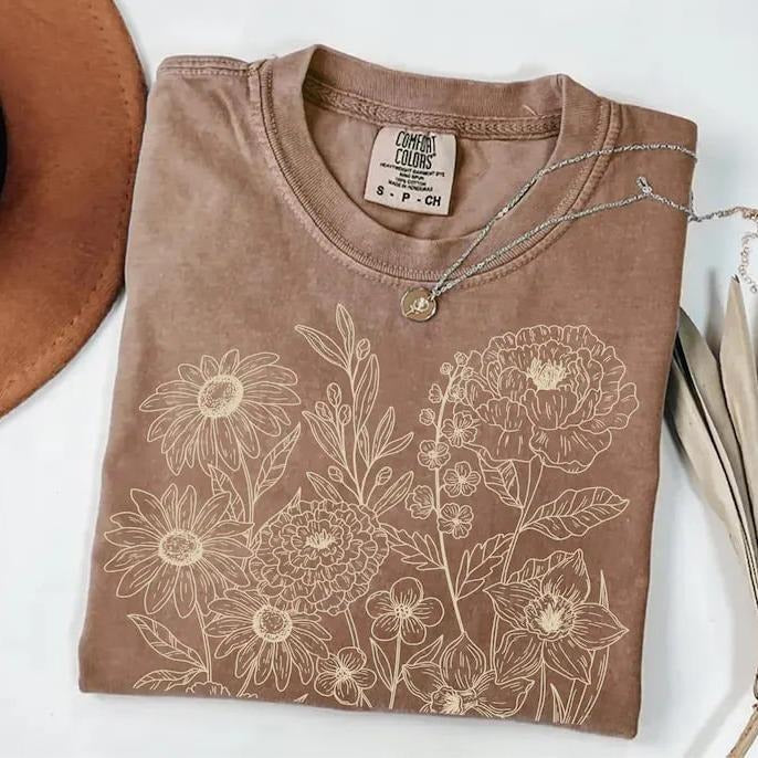 Comfort Colors vintage pressed flowers shirt, boho cottagecore style tee with wildflower design, perfect floral gift for...