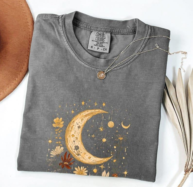 Comfort ColorsVintage Moon & Wildflower TShirt Cottagecore Graphic Tee, Botanical Gift, Garden Lover Aesthetic, Women's...