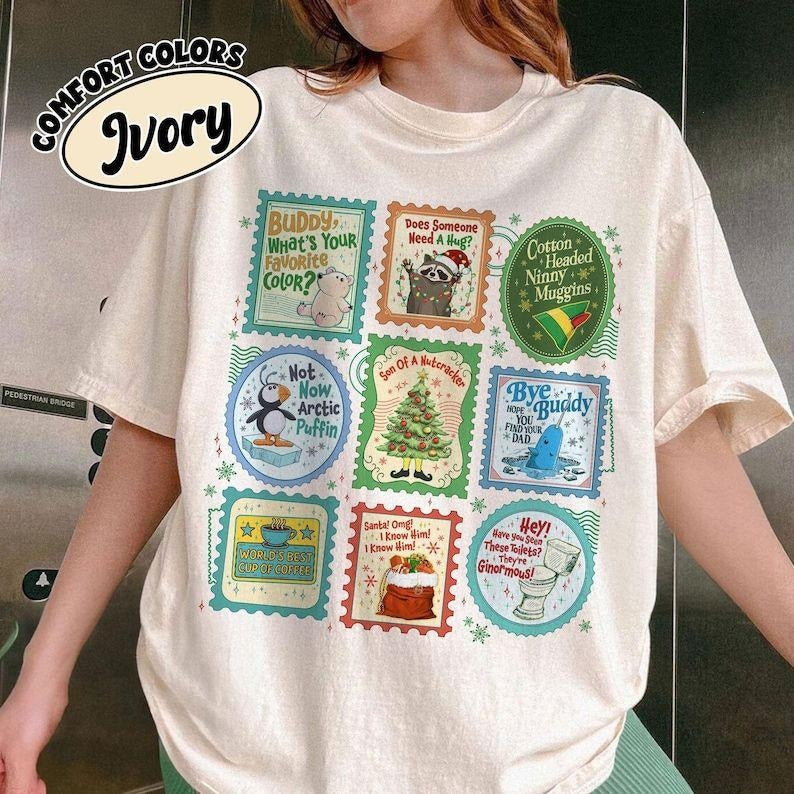 Comfort The Elf Christmas Movie Stamps T-Shirt, Bye Buddy Hope You find Your Dad sweatshirt, Christmas Classic Movie Tee,...