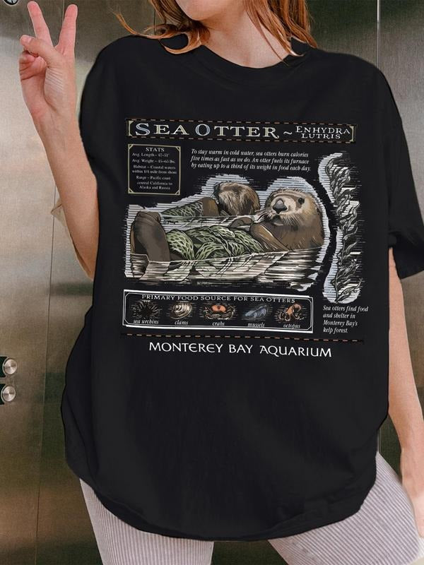 Comfortable Women's Short Sleeve T-Shirt with Otter Habitat Illustration, Monterey Bay Aquarium Theme Eco-Friendly Casual...