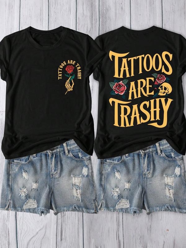 Controversial Statement T-Shirt Featuring "Tattoos Are Trashy" Print with Bone Hand Rose Graphic, Unisex Black Tee for...