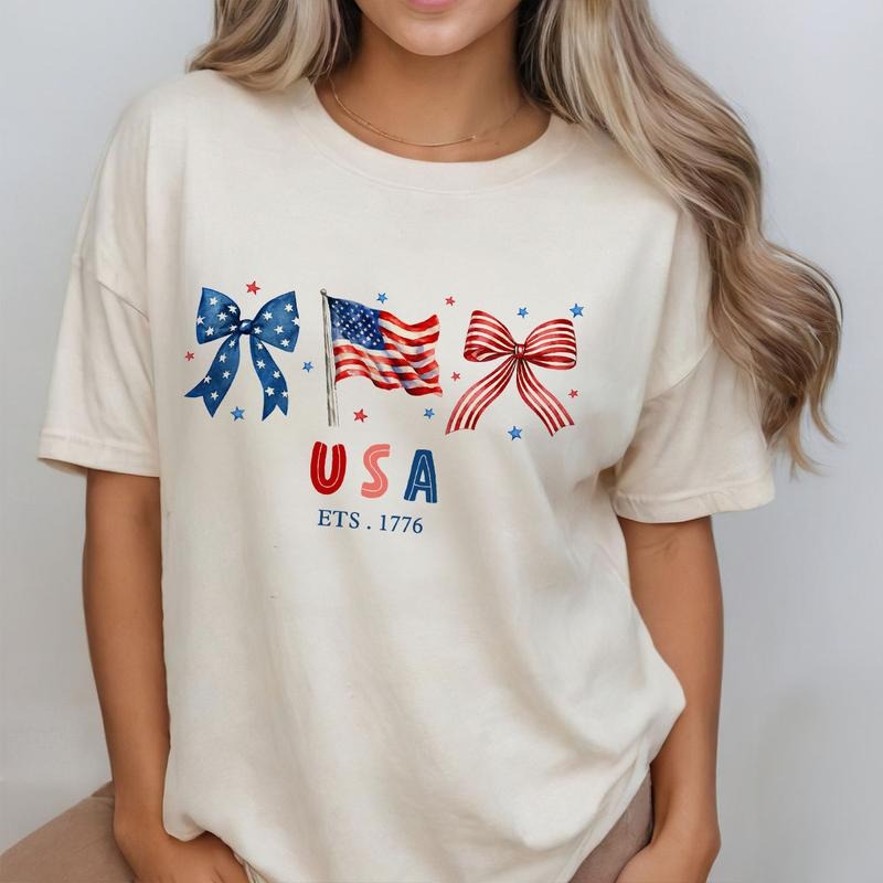 Coquette 4th of July Shirt, Retro Independence Day Tee, Red White Blue Patriotic Top, USA Flag Outfit for Women, Girly...