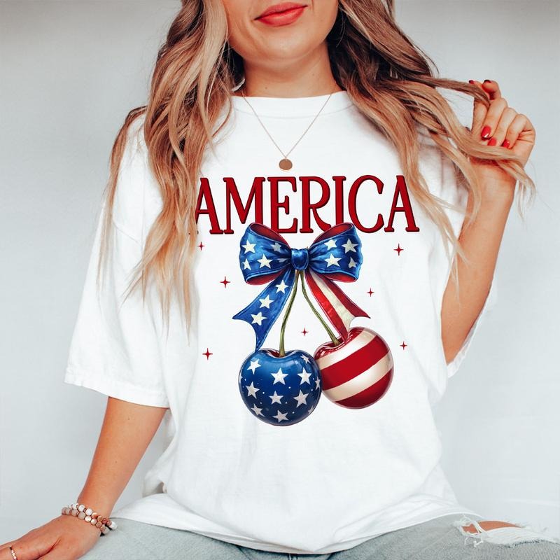 Coquette Bow 4th of July Shirt, Cherry TShirt for Women, Cute American Flag Tee, Girly Independence Day Outfit, Patriotic...