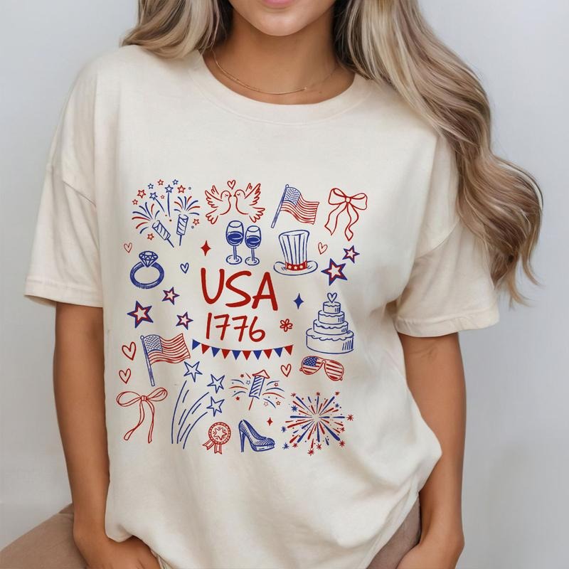 Coquette Bow 4th of July Shirt, USA Est 1776 Top for Women, Red White Blue TShirt, Independence Day Tee, Girly America...