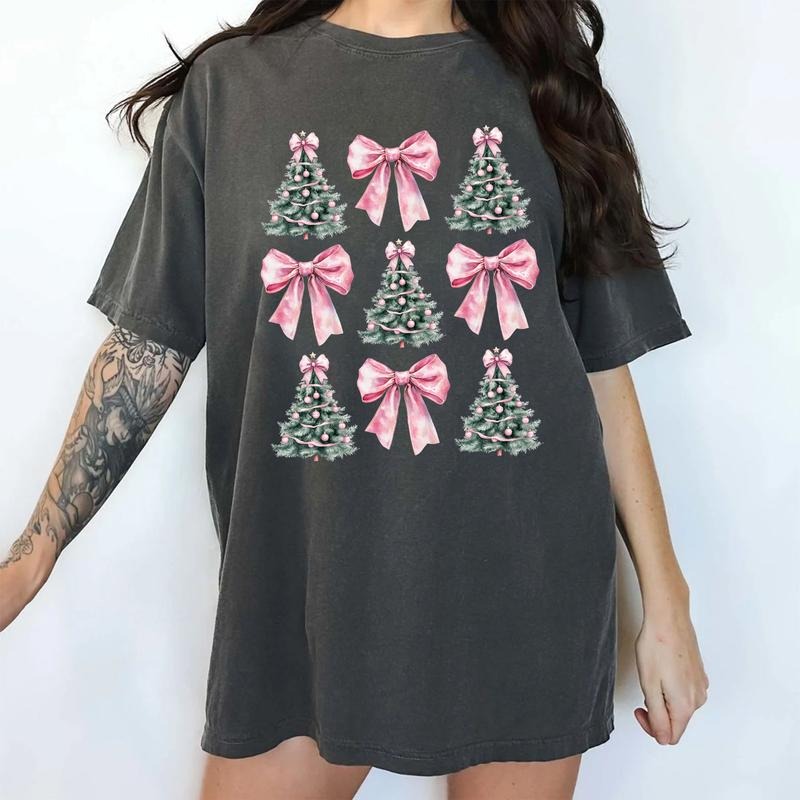 Coquette Bow Christmas Tree Shirt Comfort Colors, Vintage Christmas Trees Tshirt, Retro Coquette Tee, Christmas Season...