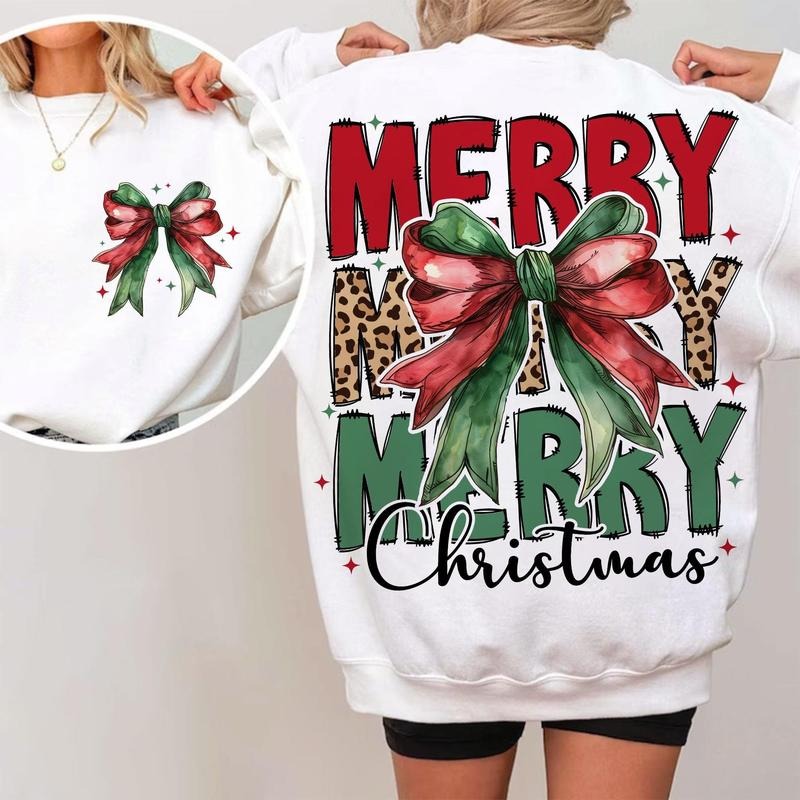 Coquette Bow Leopard Merry Christmas Sweatshirt, Trendy Christmas Season Graphic Design Unisex Sweater for Women for Men...